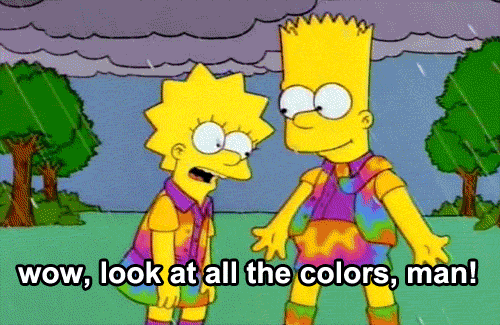 Bart, Lisa y Milhouse reaccionan al color en el diseño publicitario